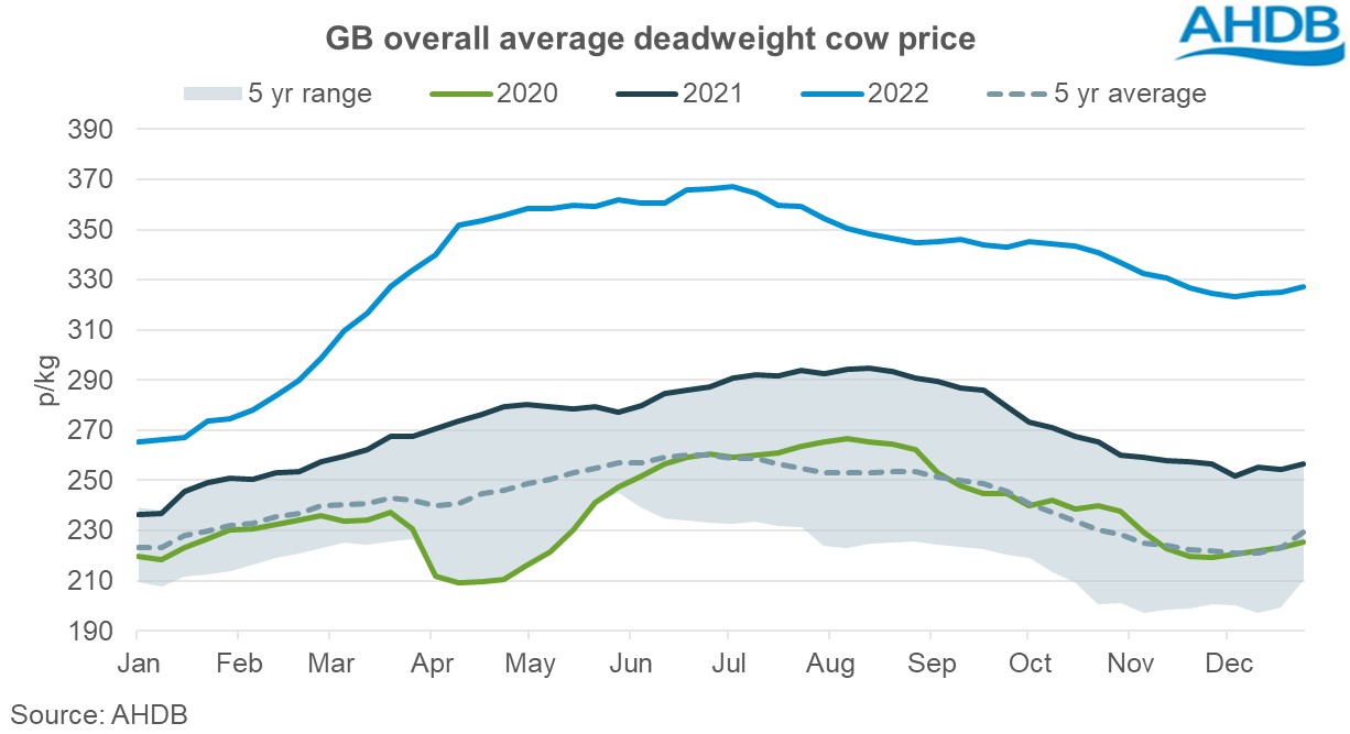Graph of GB average deadweight cow price